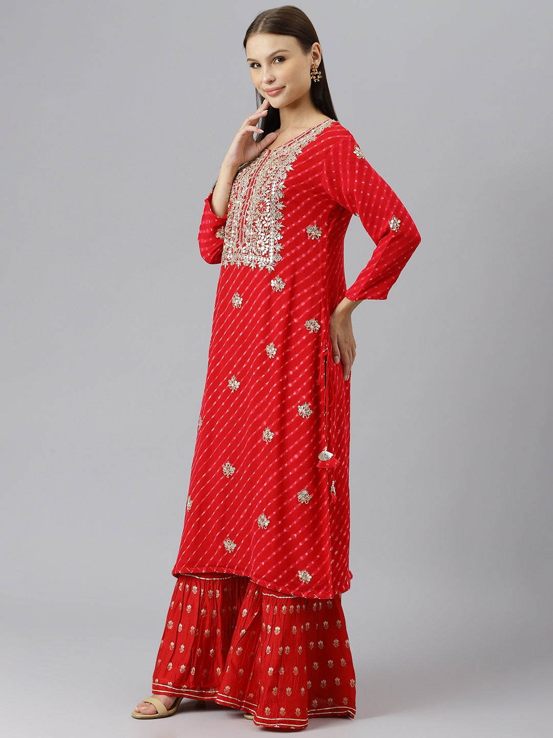 Women's Pure georgette Jaipuri Mothda Red Kurta Sharara Set with Dupatta - Taantav