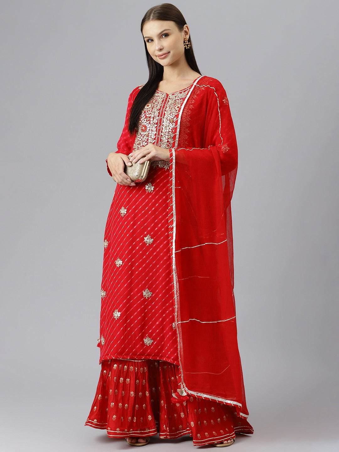 Women's Pure georgette Jaipuri Mothda Red Kurta Sharara Set with Dupatta - Taantav