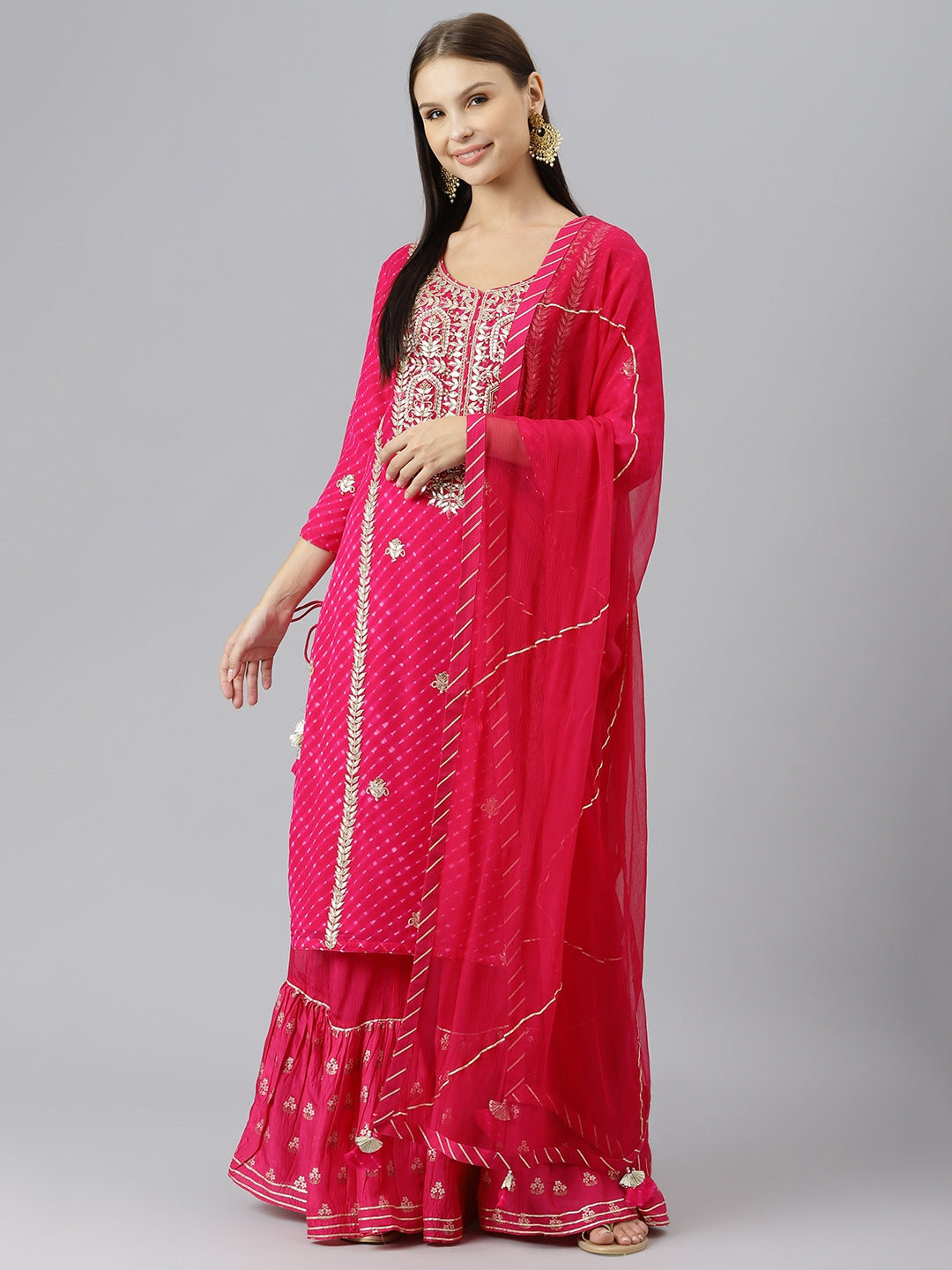 Women's Pure georgette Jaipuri Mothda Rani Pink Kurta Sharara Set with Dupatta - Taantav