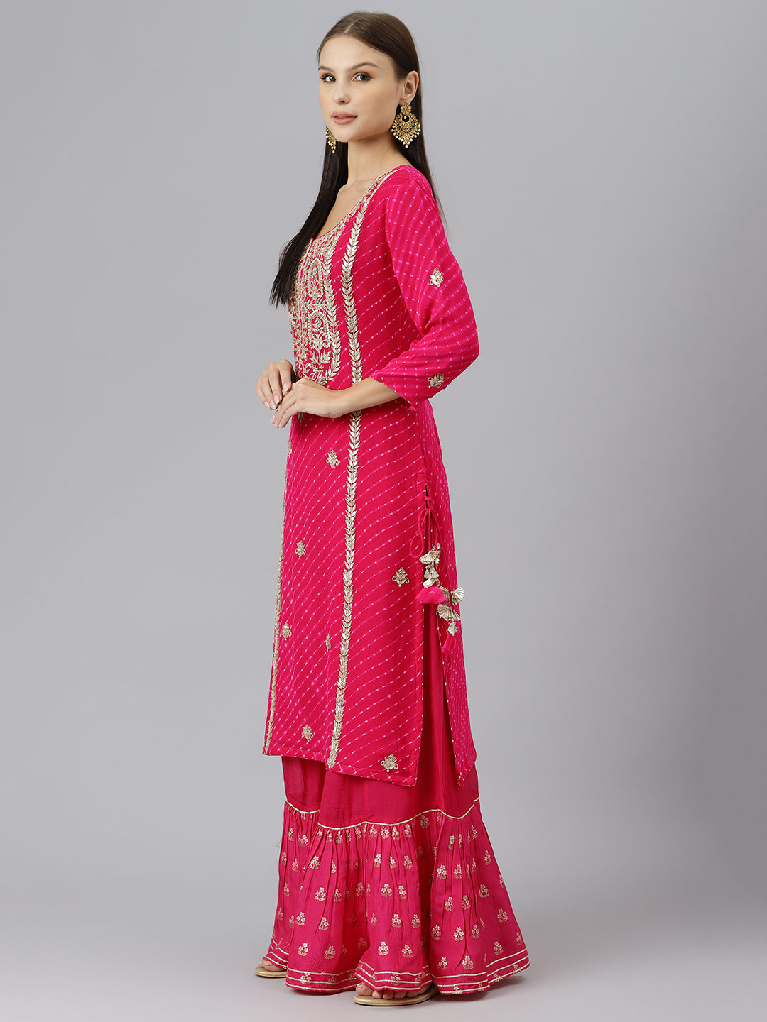 Women's Pure georgette Jaipuri Mothda Rani Pink Kurta Sharara Set with Dupatta - Taantav