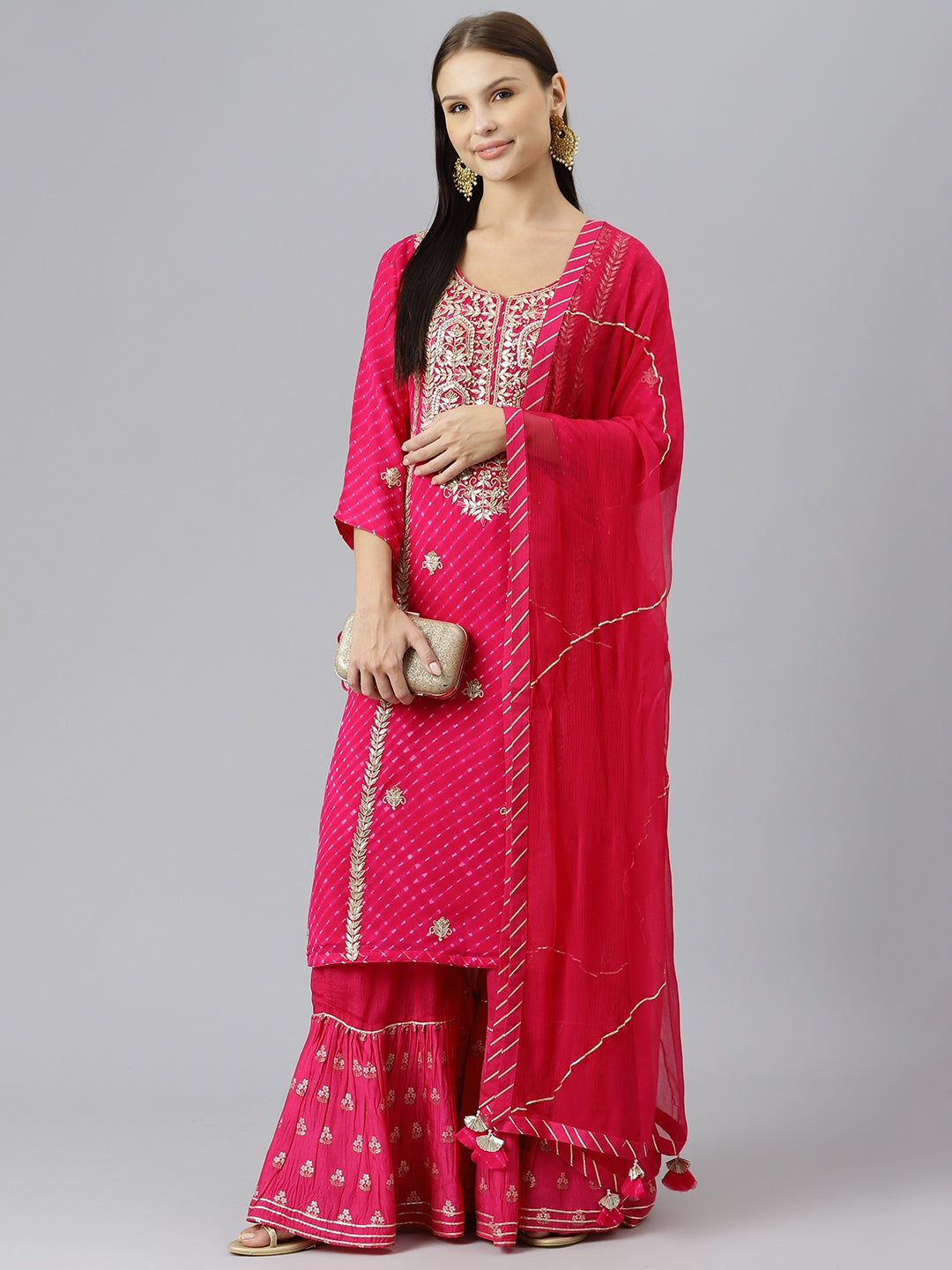 Women's Pure georgette Jaipuri Mothda Rani Pink Kurta Sharara Set with Dupatta - Taantav