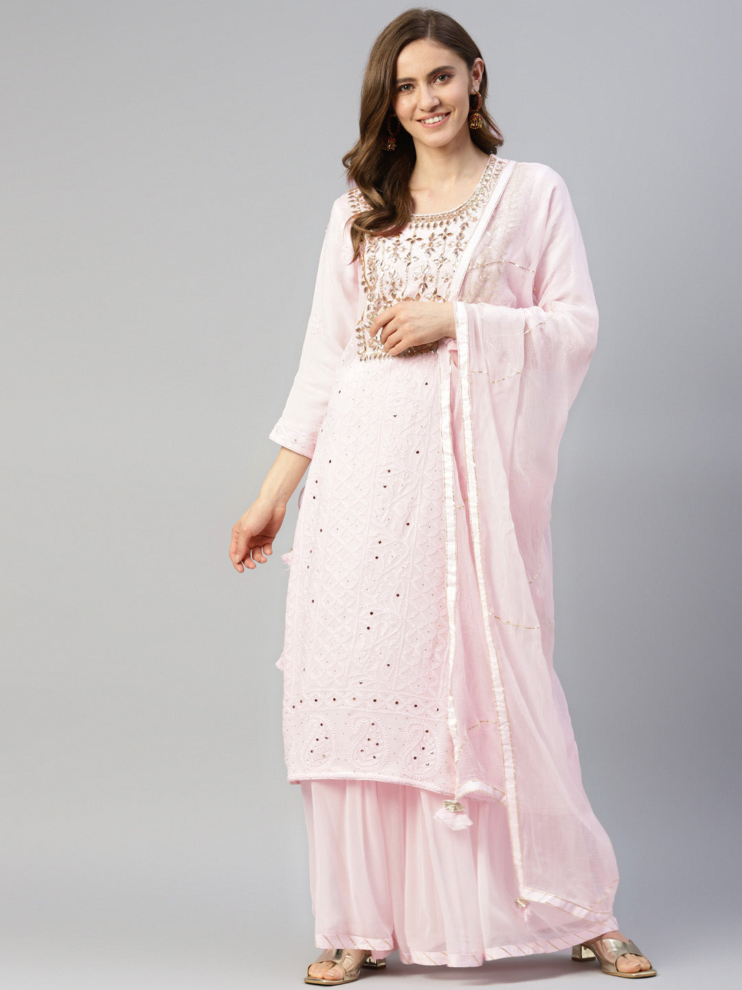 Women's Pure Chicken krai georgette Powder Pink Kurta Palazzo Set with Dupatta - Taantav