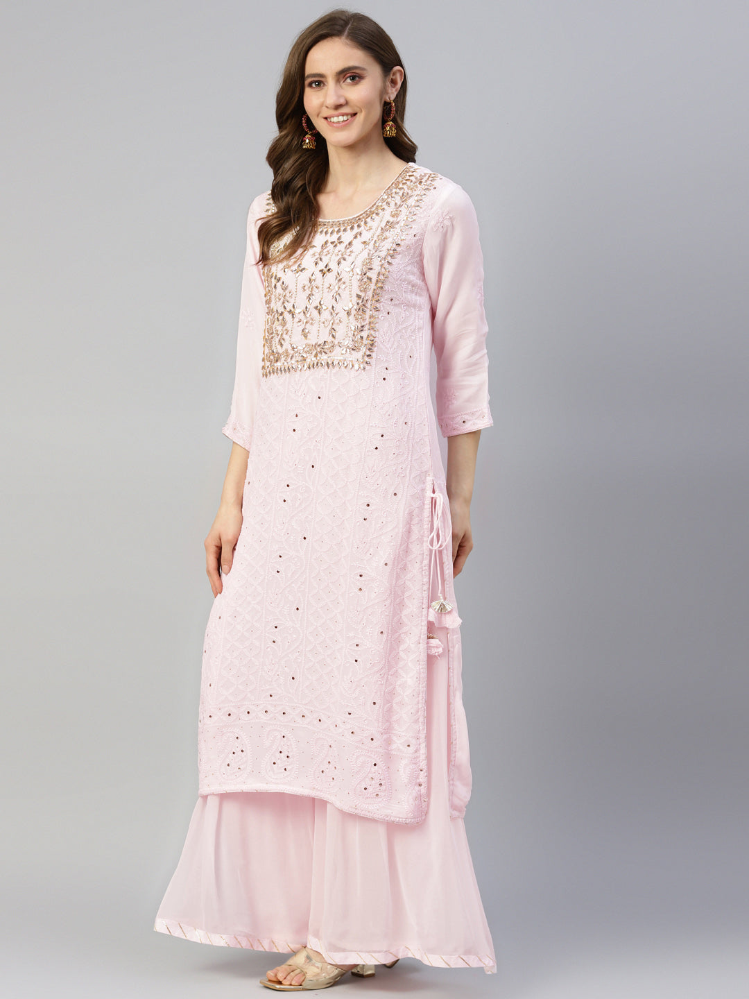 Women's Pure Chicken krai georgette Powder Pink Kurta Palazzo Set with Dupatta - Taantav