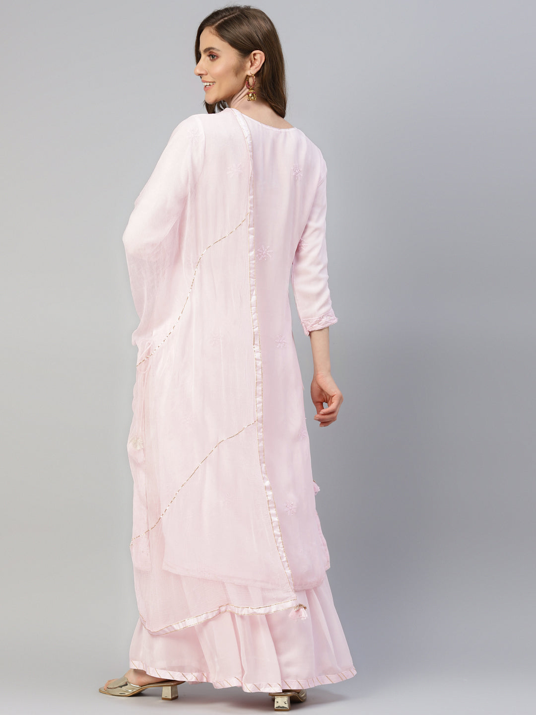 Women's Pure Chicken krai georgette Powder Pink Kurta Palazzo Set with Dupatta - Taantav