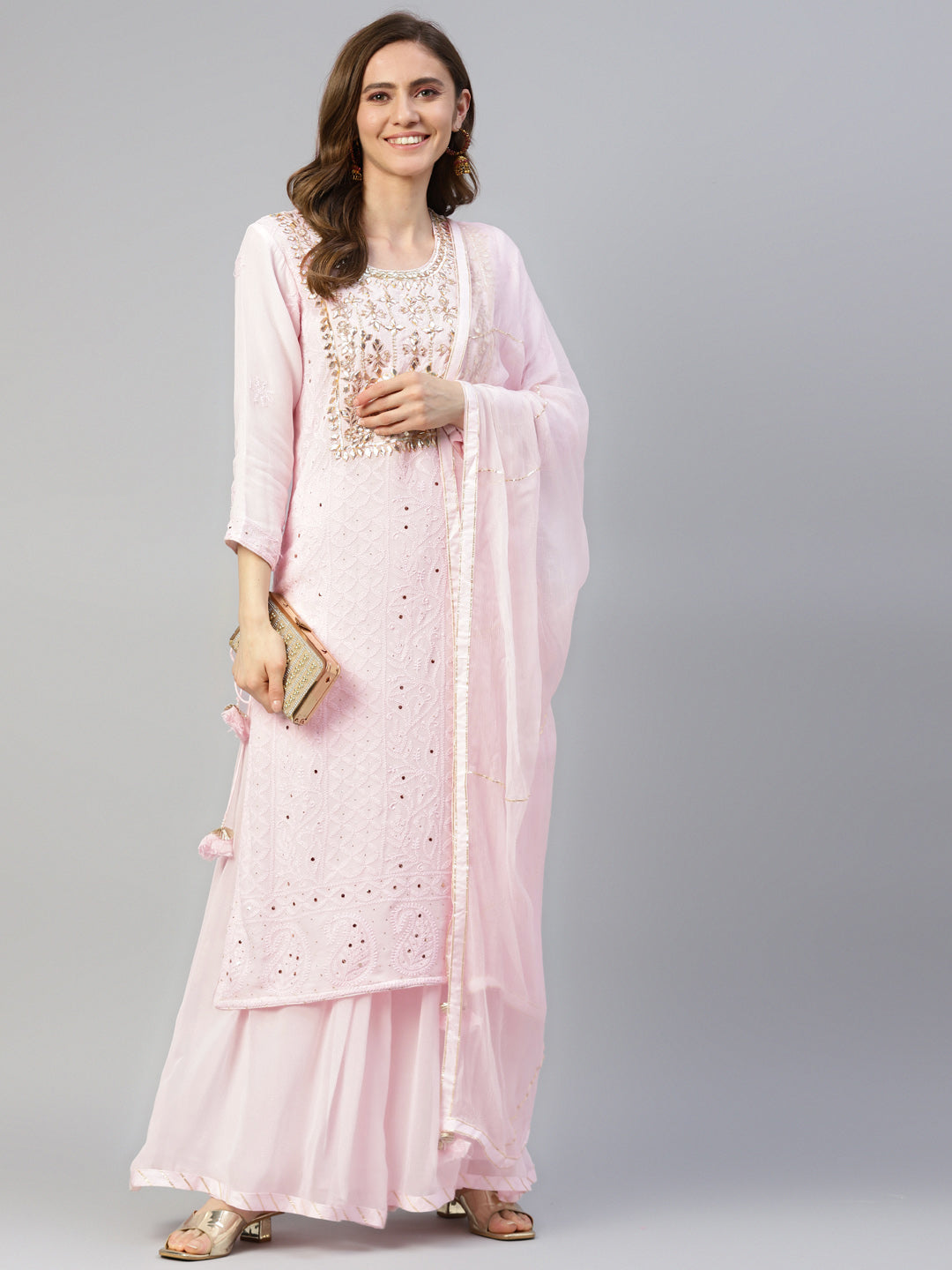 Women's Pure Chicken krai georgette Powder Pink Kurta Palazzo Set with Dupatta - Taantav