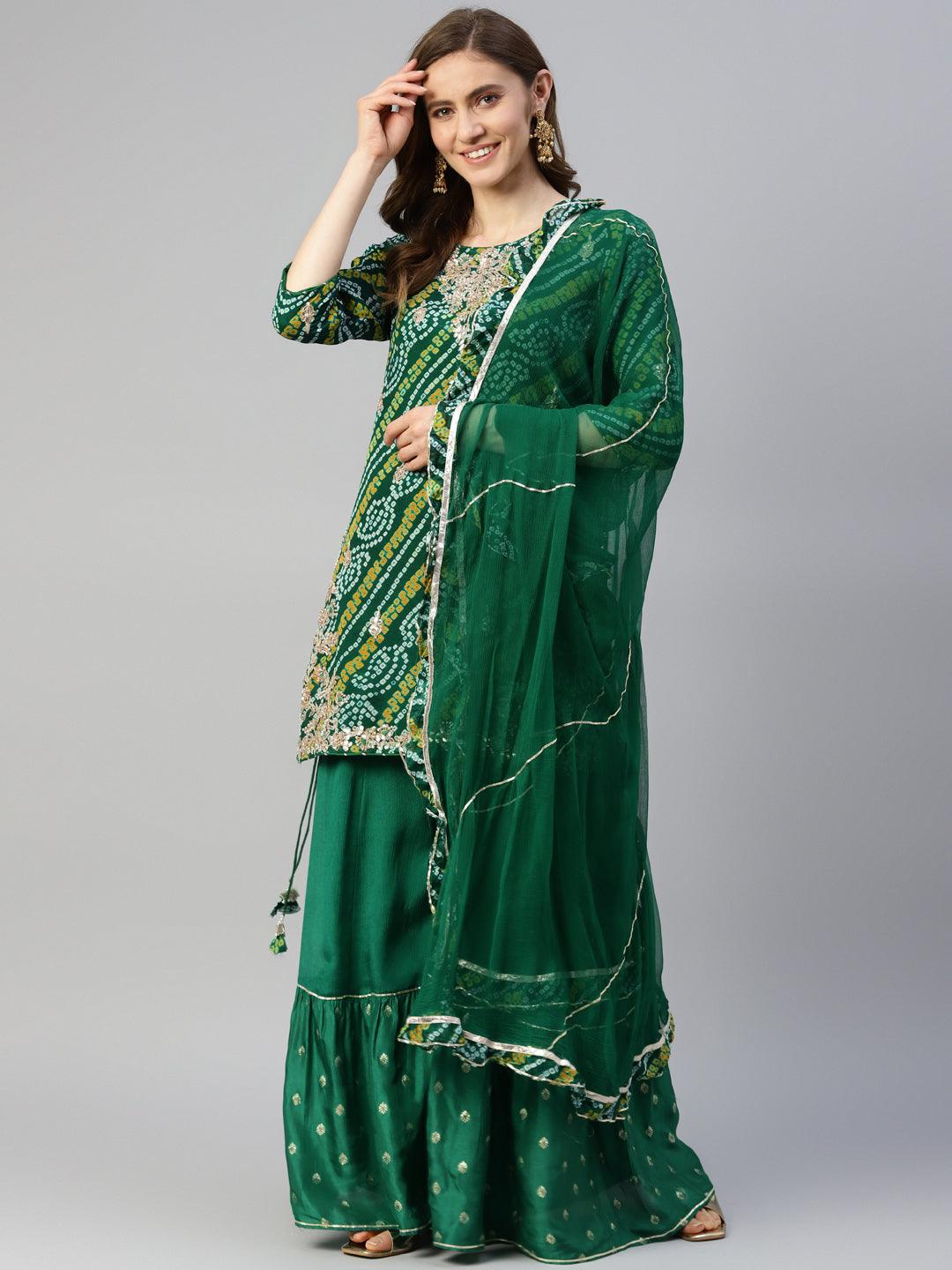 Women's Gota Work Green Bandhani Print georgette Kurta Palazzo Set with Dupatta - Taantav