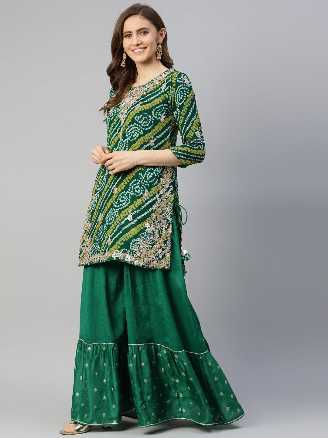 Women's Gota Work Green Bandhani Print georgette Kurta Palazzo Set with Dupatta - Taantav