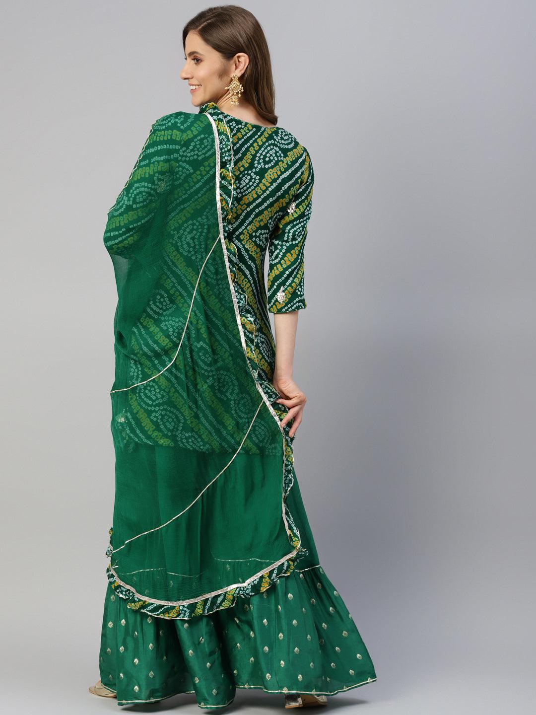 Women's Gota Work Green Bandhani Print georgette Kurta Palazzo Set with Dupatta - Taantav