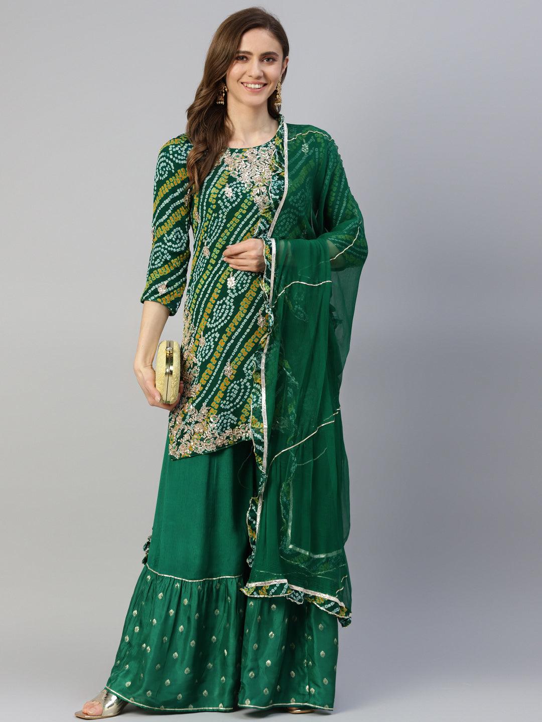 Women's Gota Work Green Bandhani Print georgette Kurta Palazzo Set with Dupatta - Taantav