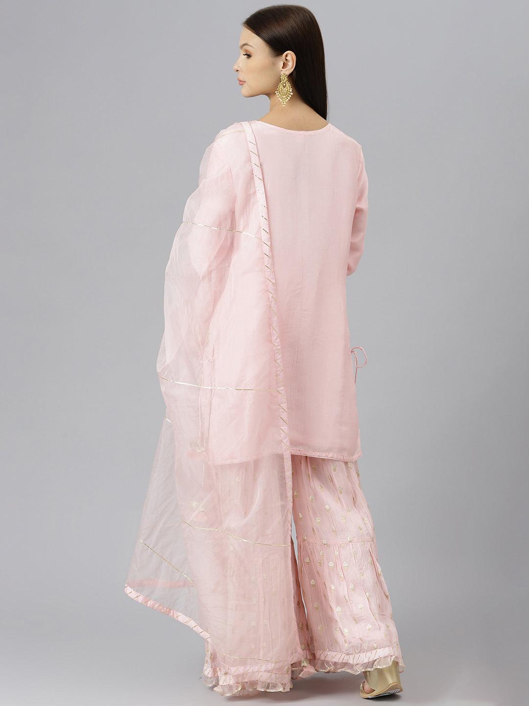 Women's Pink Yoke Design Zardozi Chanderi Silk Kurta with Sharara & With Dupatta - Taantav