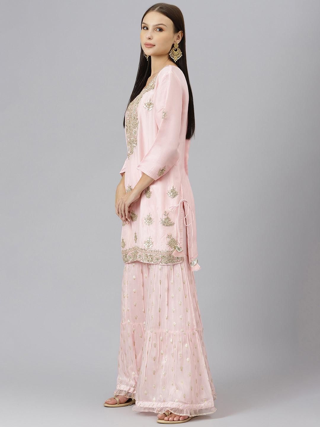 Women's Pink Yoke Design Zardozi Chanderi Silk Kurta with Sharara & With Dupatta - Taantav