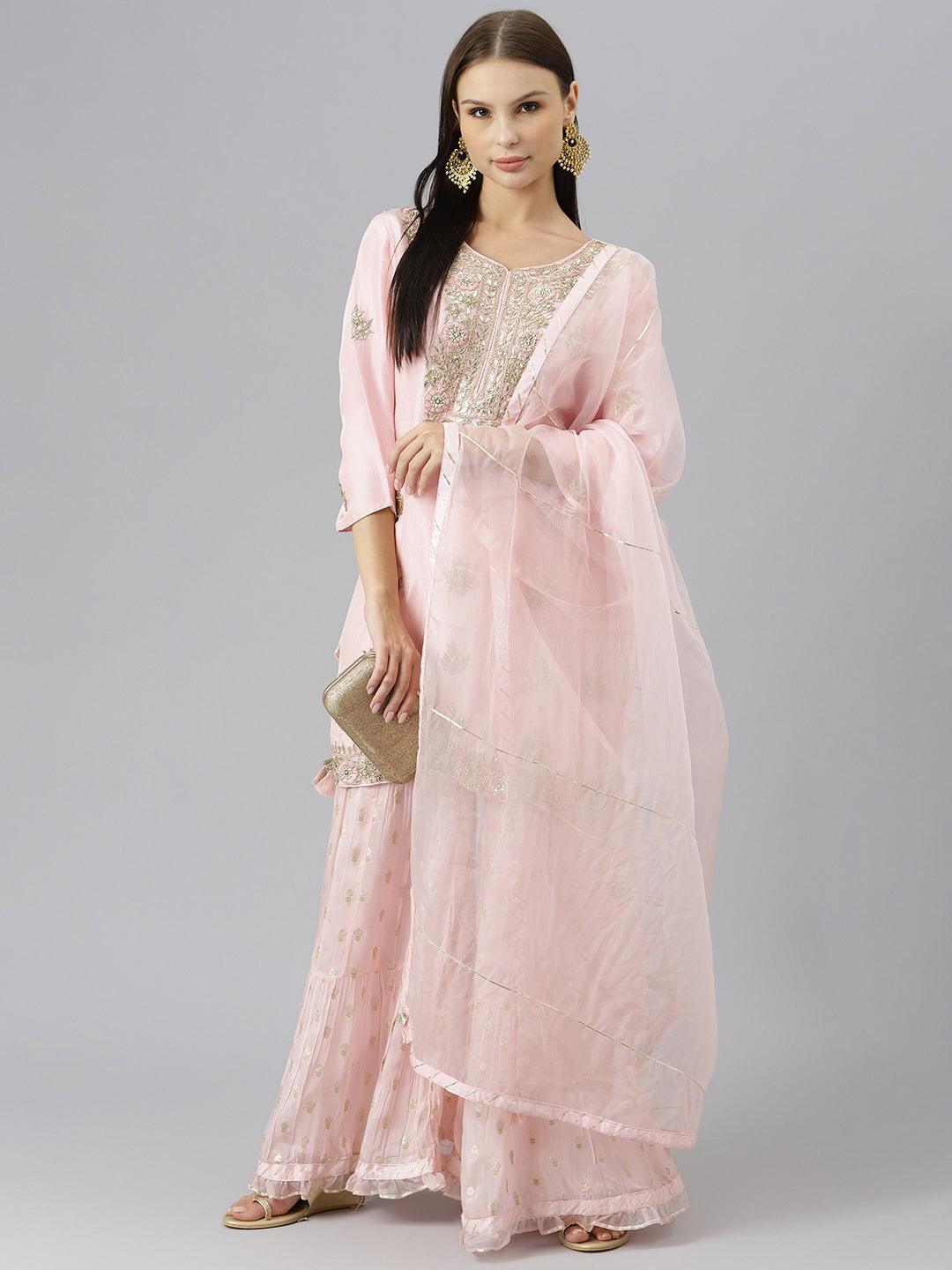 Women's Pink Yoke Design Zardozi Chanderi Silk Kurta with Sharara & With Dupatta - Taantav