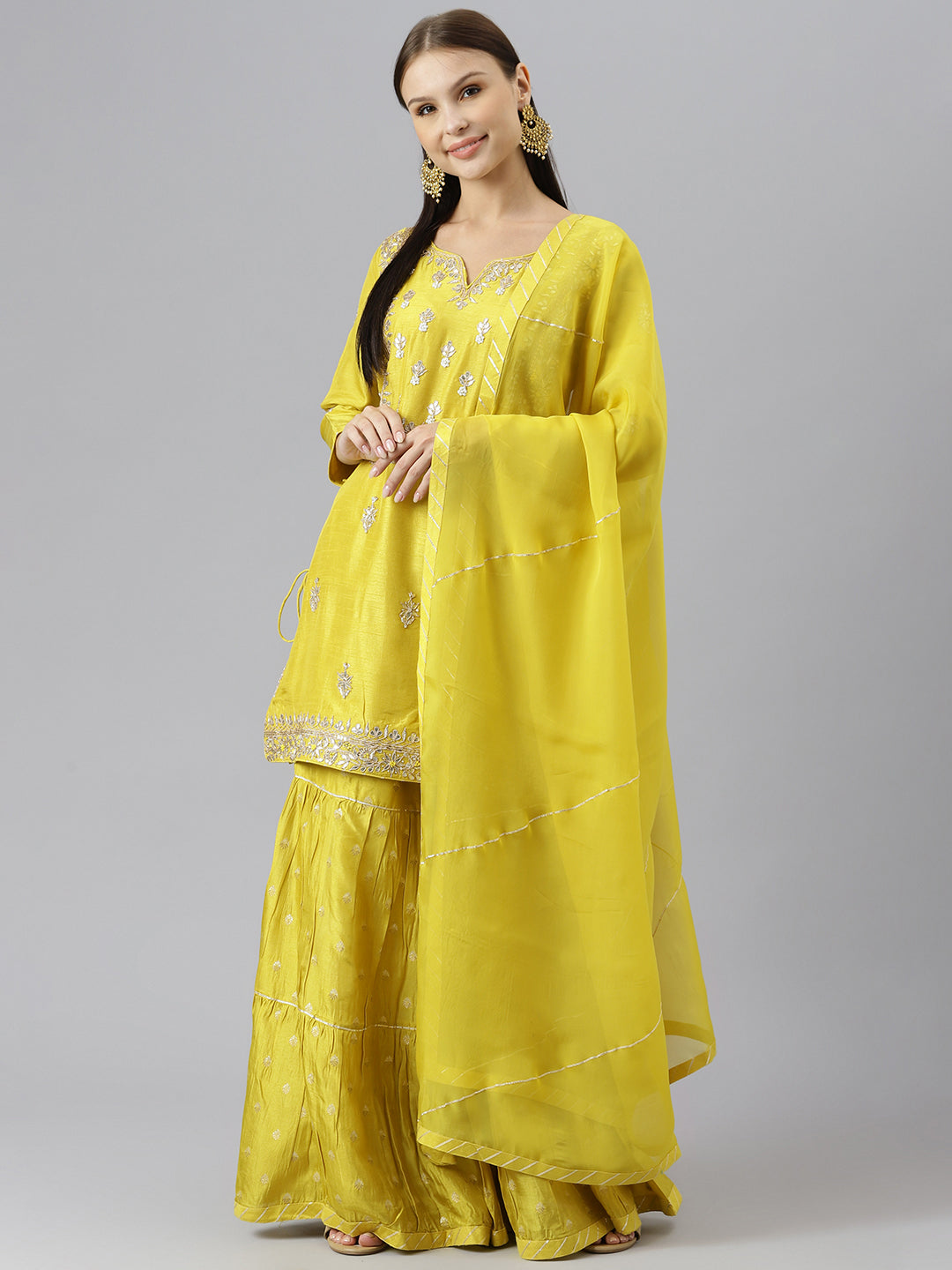 Women's Lemon Yellow Pure Russian Chenderi Kurta Sharara Set with Dupatta - Taantav