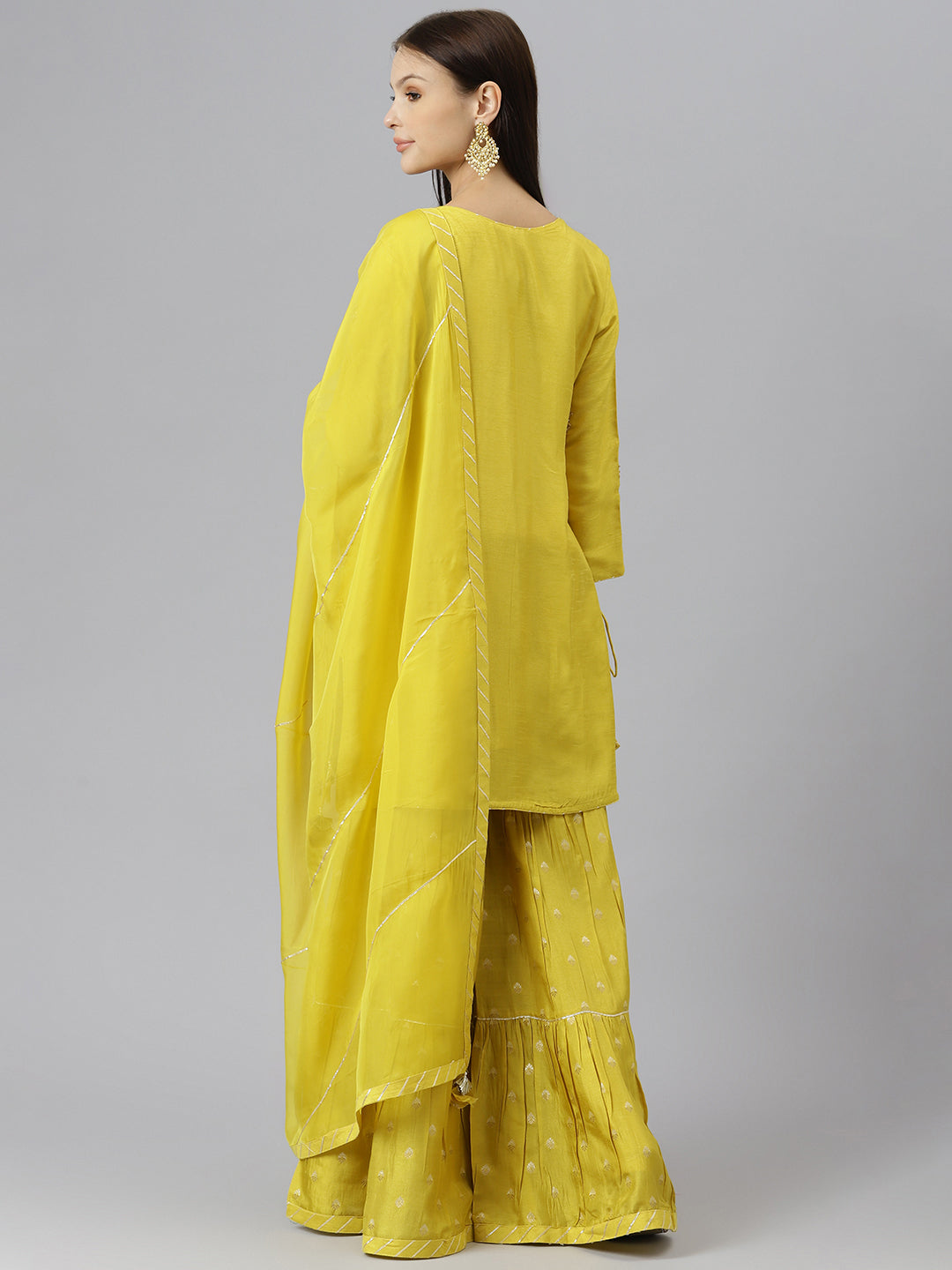 Women's Lemon Yellow Pure Russian Chenderi Kurta Sharara Set with Dupatta - Taantav