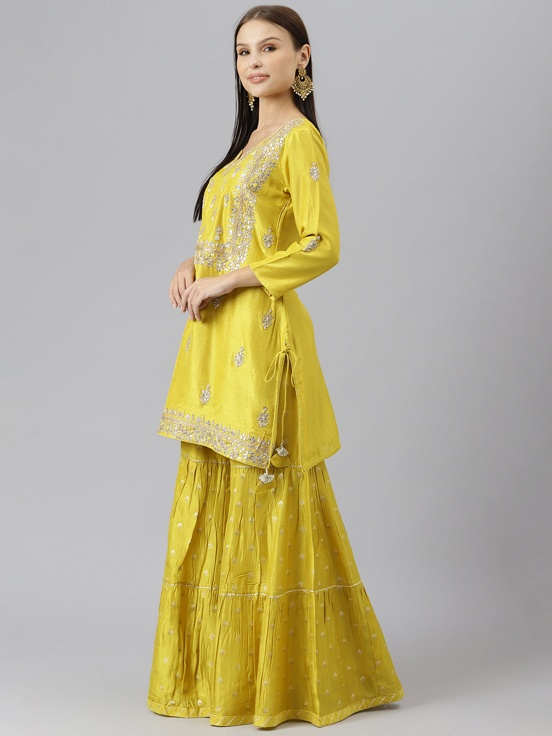 Women's Lemon Yellow Pure Russian Chenderi Kurta Sharara Set with Dupatta - Taantav