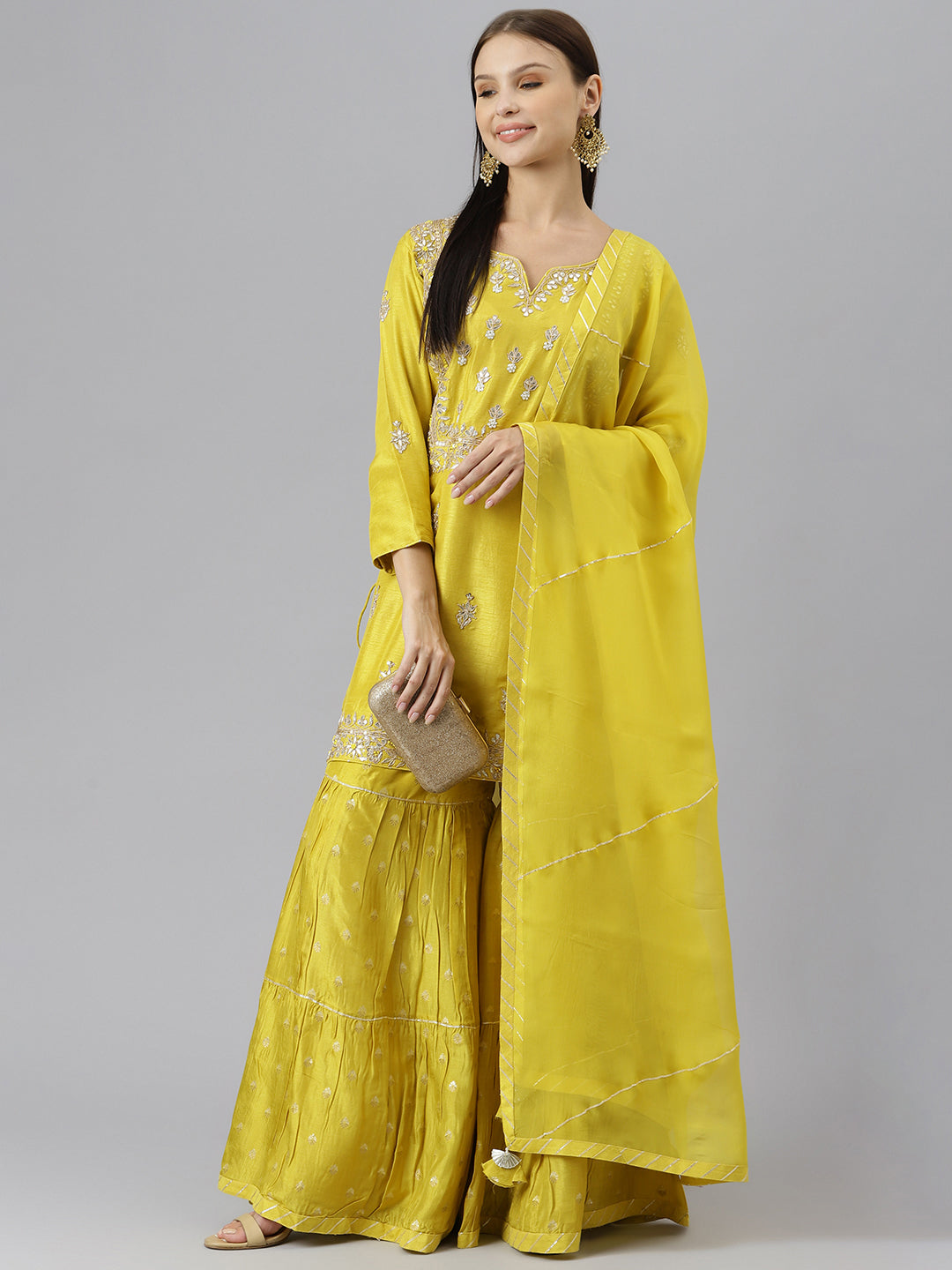 Women's Lemon Yellow Pure Russian Chenderi Kurta Sharara Set with Dupatta - Taantav