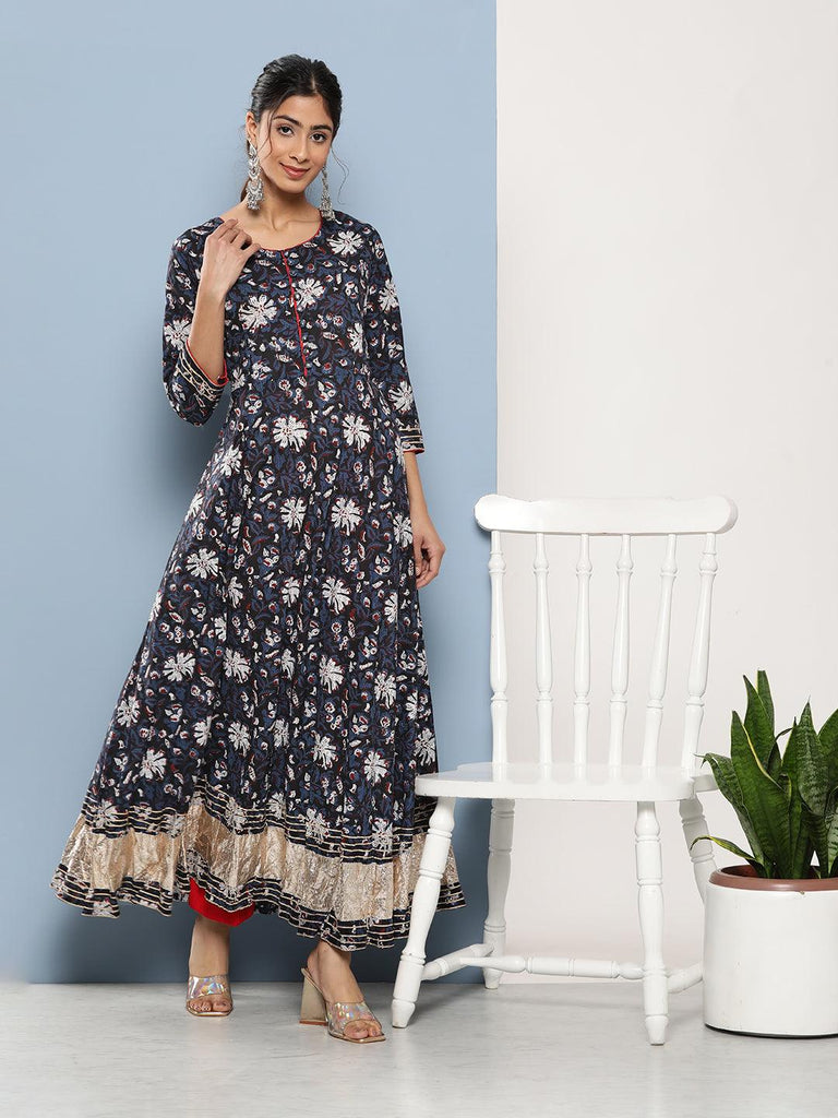 Women's Blue Cotton Anarkali Kurta