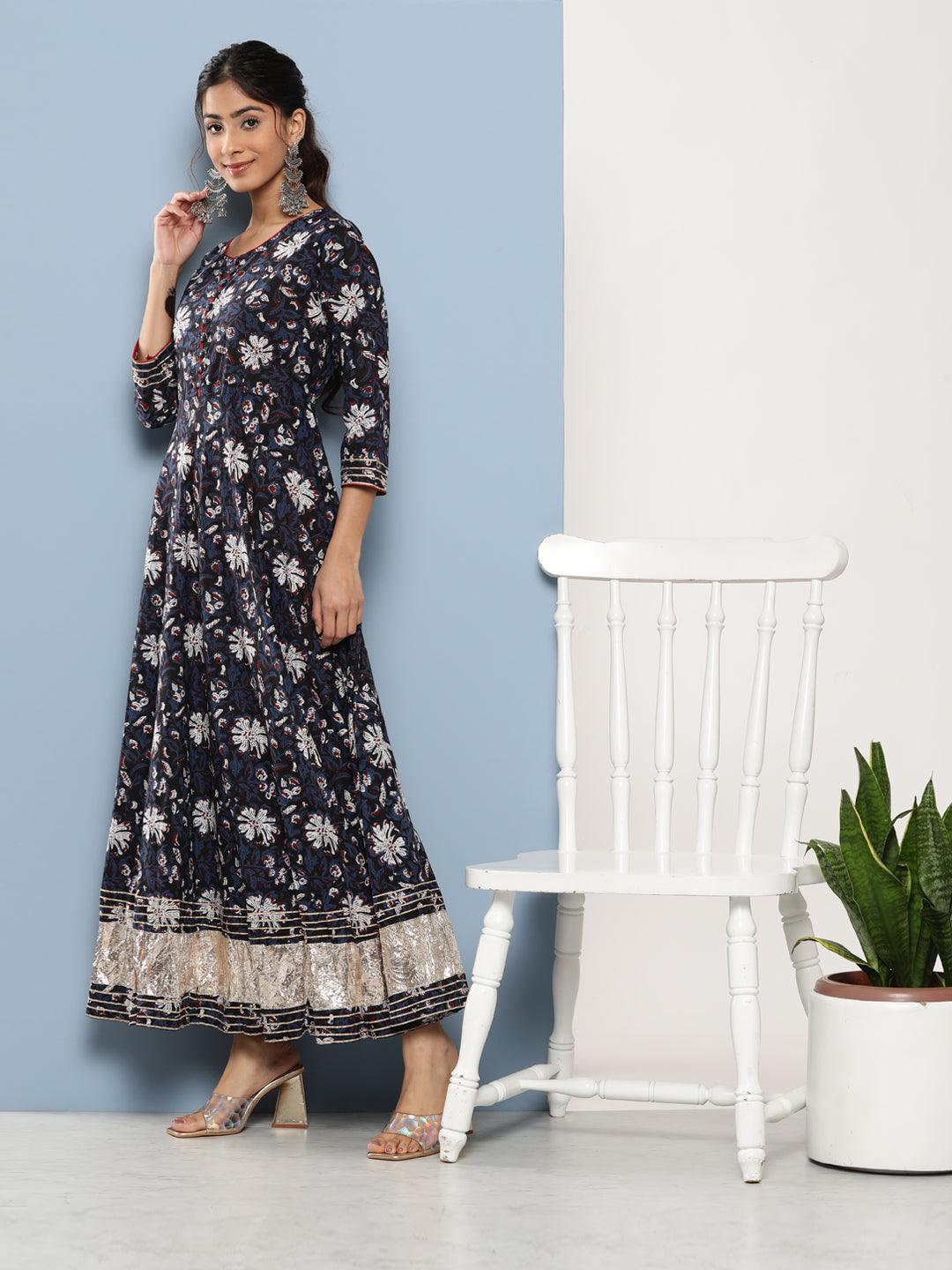 Women's Blue Cotton Anarkali Kurta - Taantav