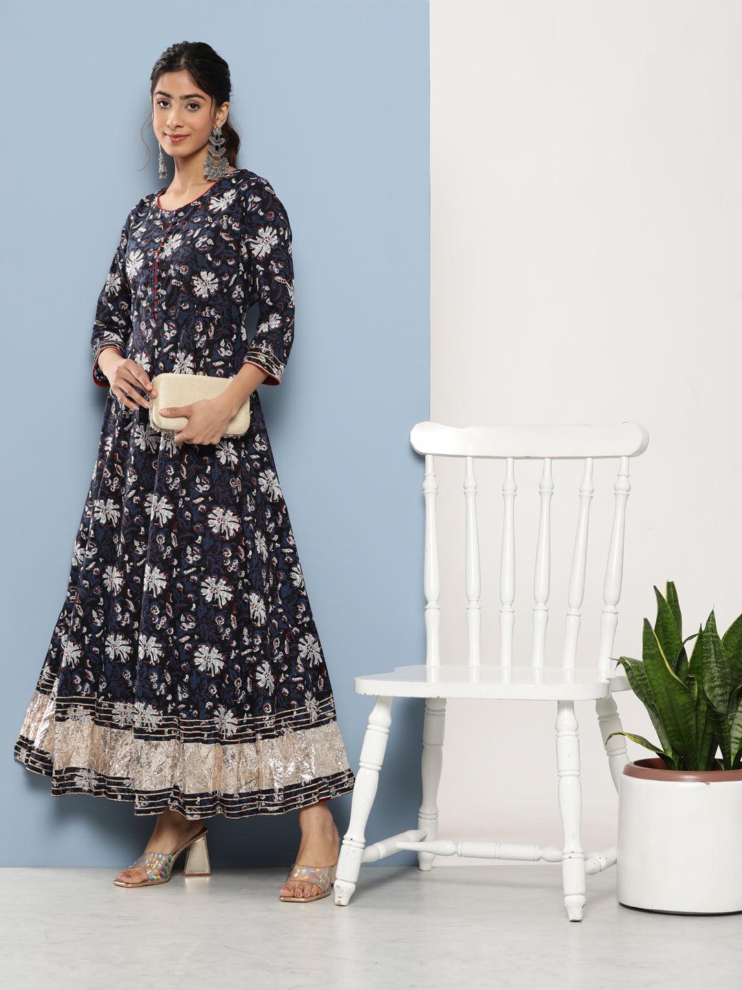 Women's Blue Cotton Anarkali Kurta - Taantav