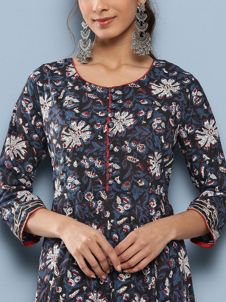 Women's Blue Cotton Anarkali Kurta