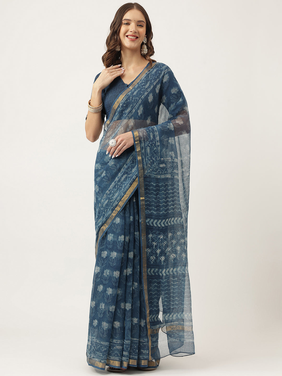 Women's Indigo Blue Hand Block Kota Doria Saree - Taantav