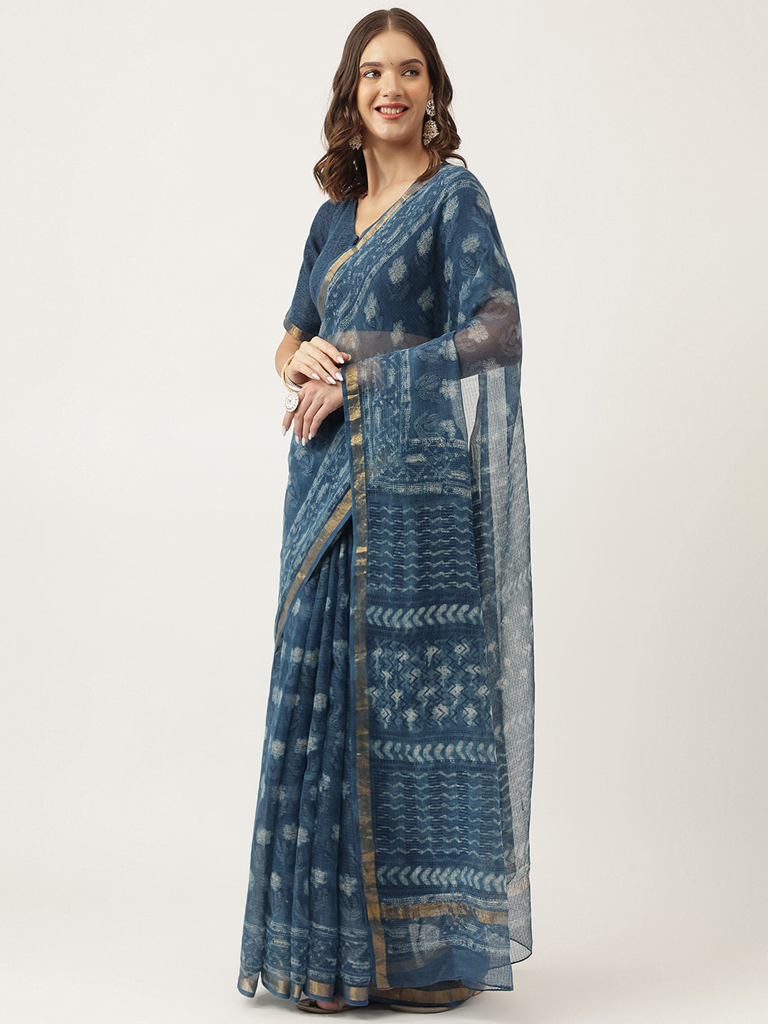 Women's Indigo Blue Hand Block Kota Doria Saree - Taantav