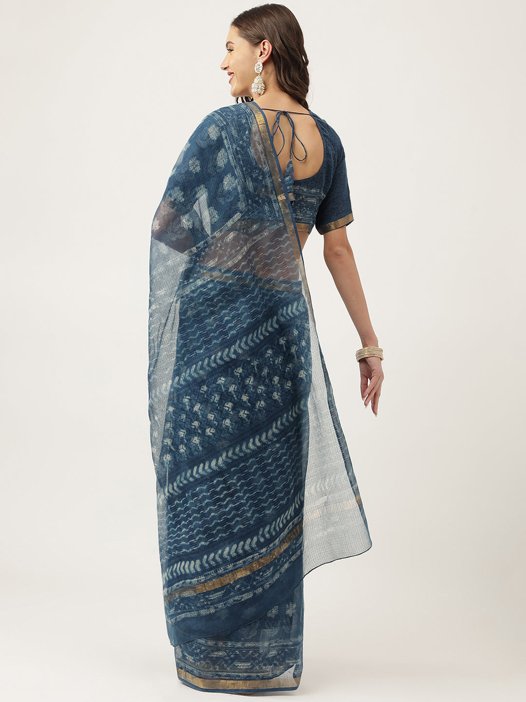 Women's Indigo Blue Hand Block Kota Doria Saree - Taantav