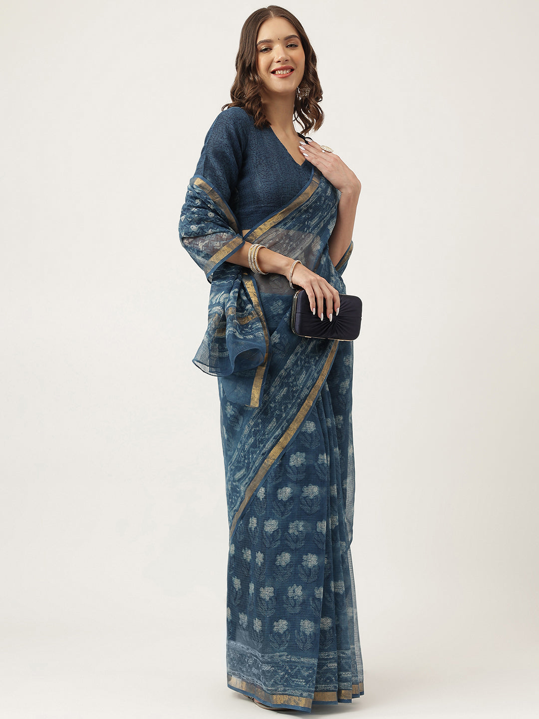 Women's Indigo Blue Hand Block Kota Doria Saree - Taantav