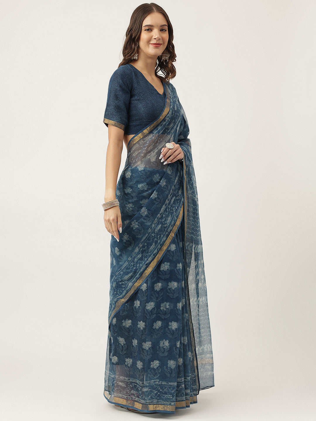 Women's Indigo Blue Hand Block Kota Doria Saree - Taantav