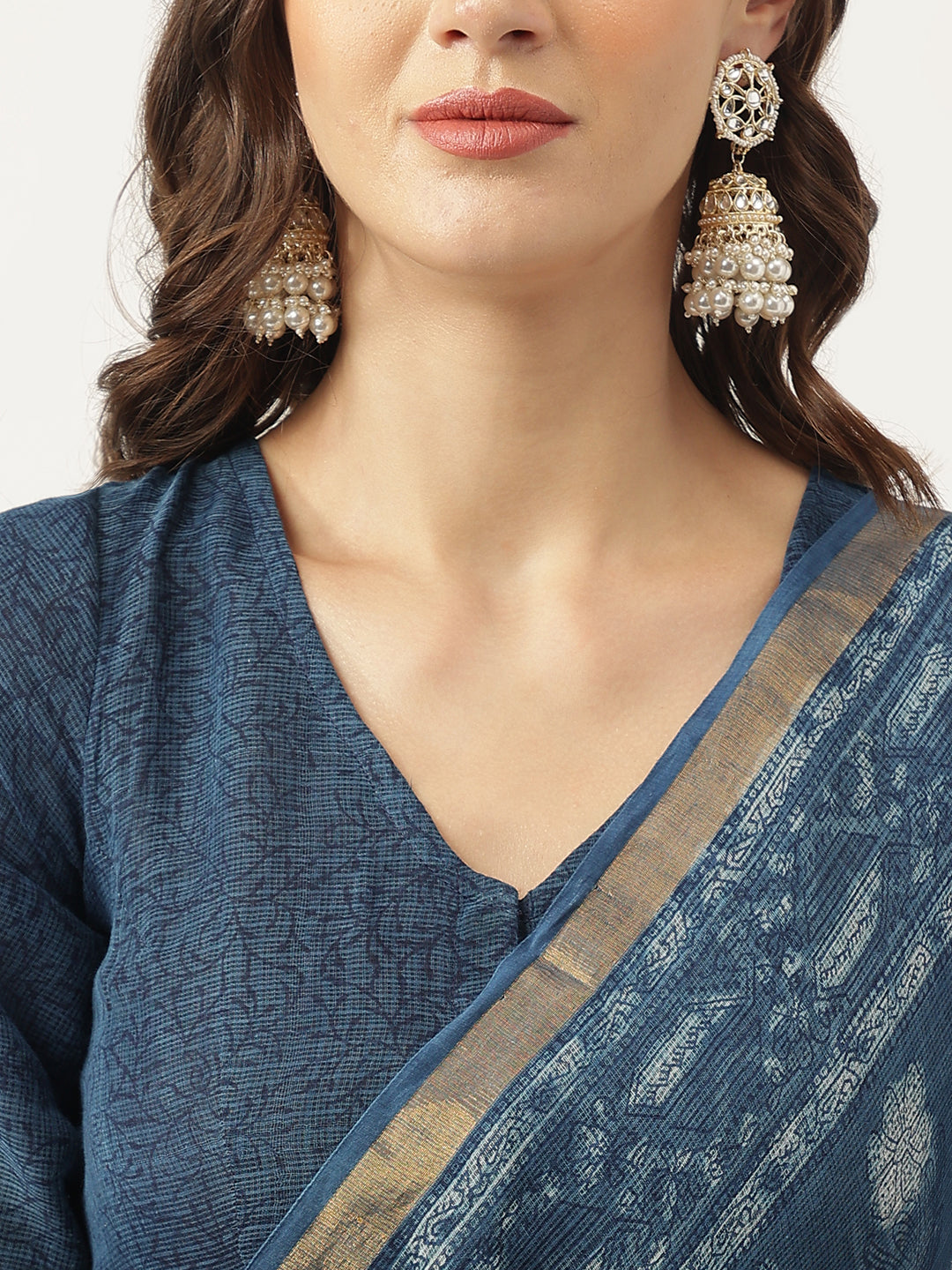 Women's Indigo Blue Hand Block Kota Doria Saree - Taantav