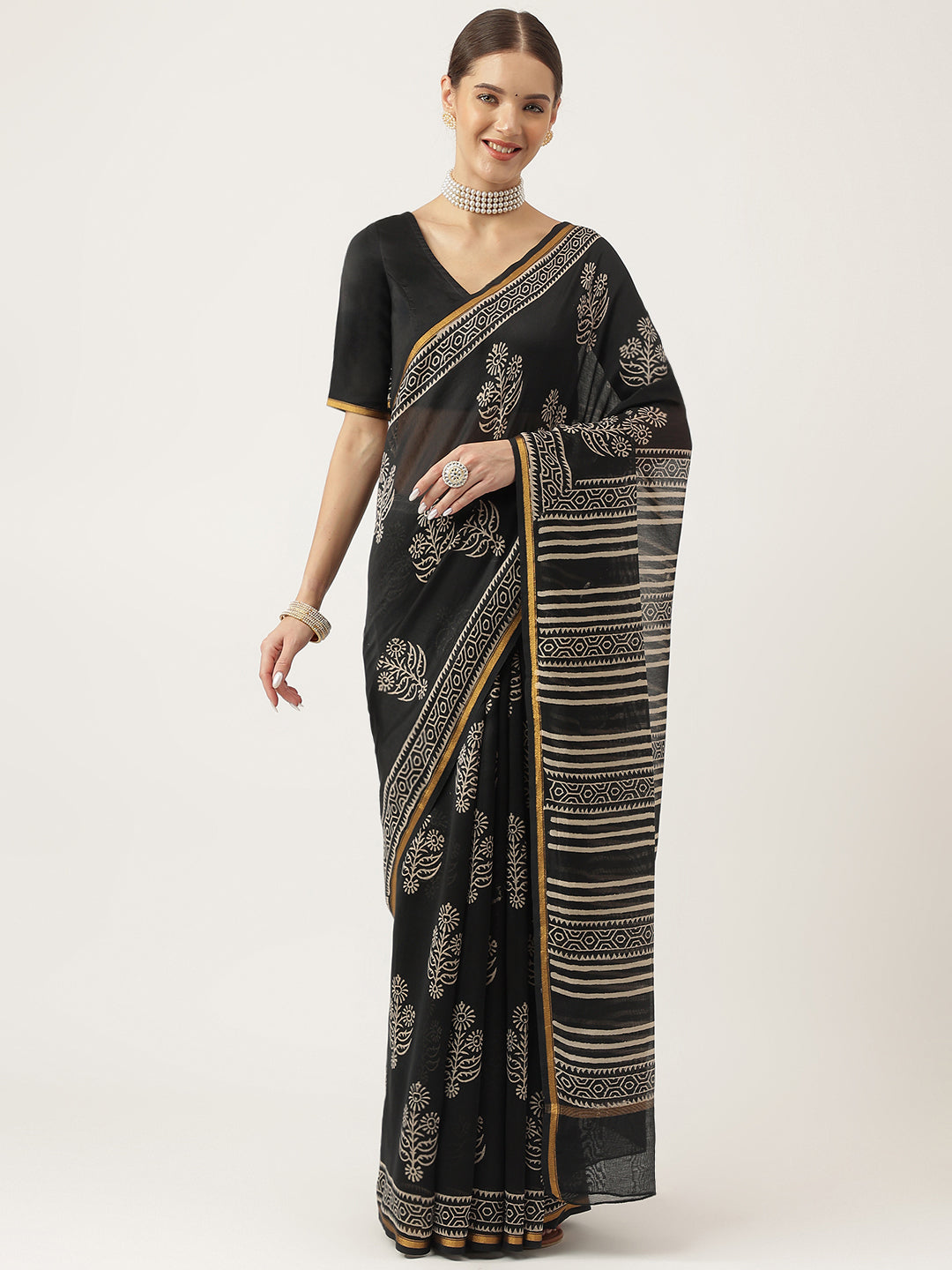 Women's Black Hand Block Chanderi Silk Saree - Taantav