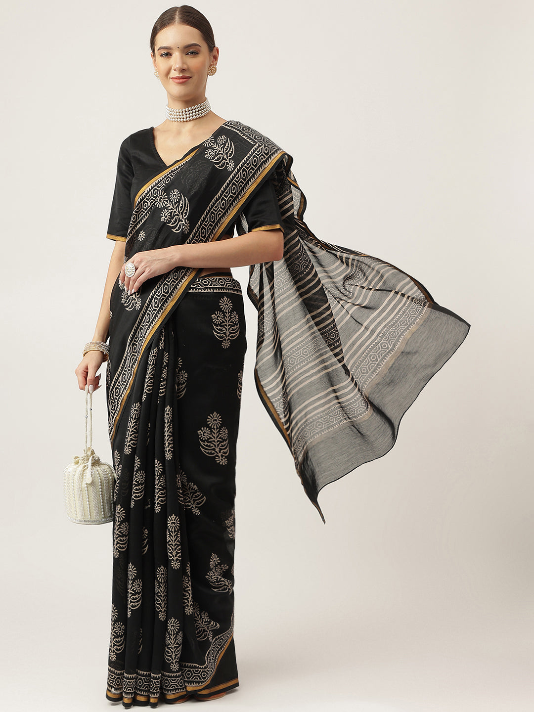 Women's Black Hand Block Chanderi Silk Saree - Taantav