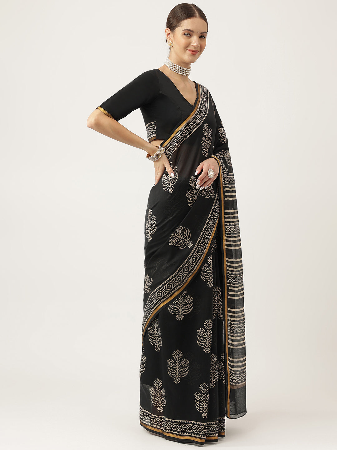 Women's Black Hand Block Chanderi Silk Saree - Taantav