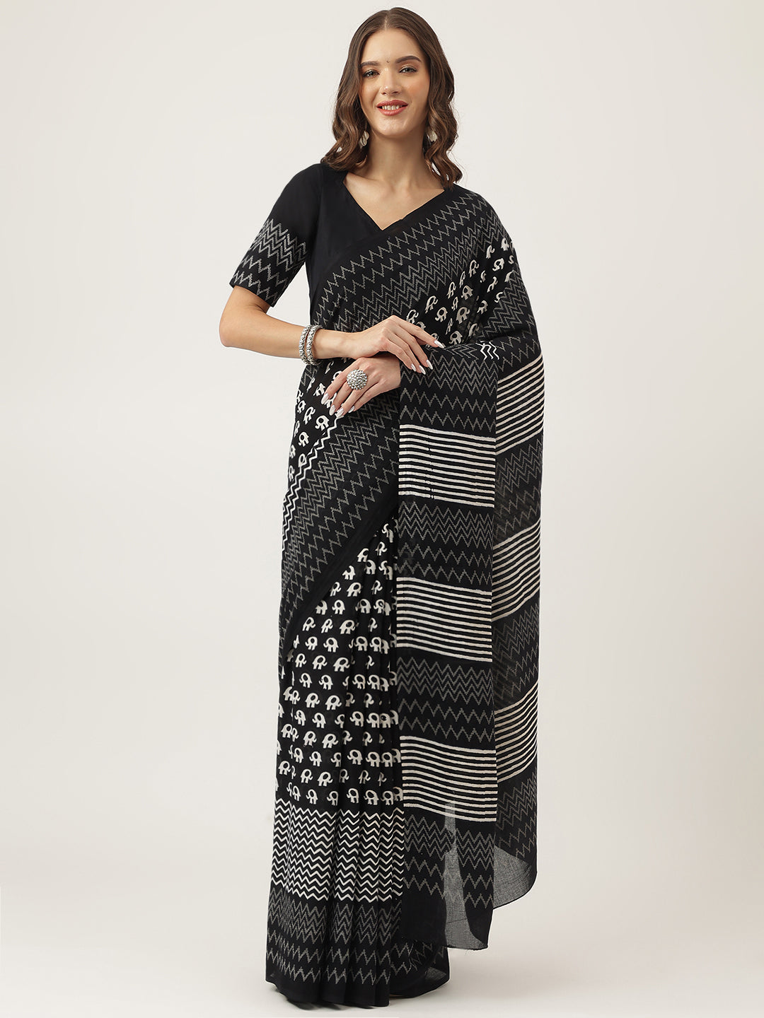 Women's Black Hand Block MulMul Cotton Saree - Taantav