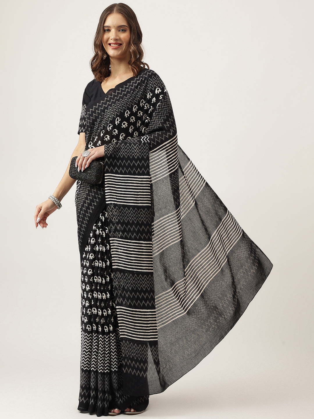 Women's Black Hand Block MulMul Cotton Saree - Taantav