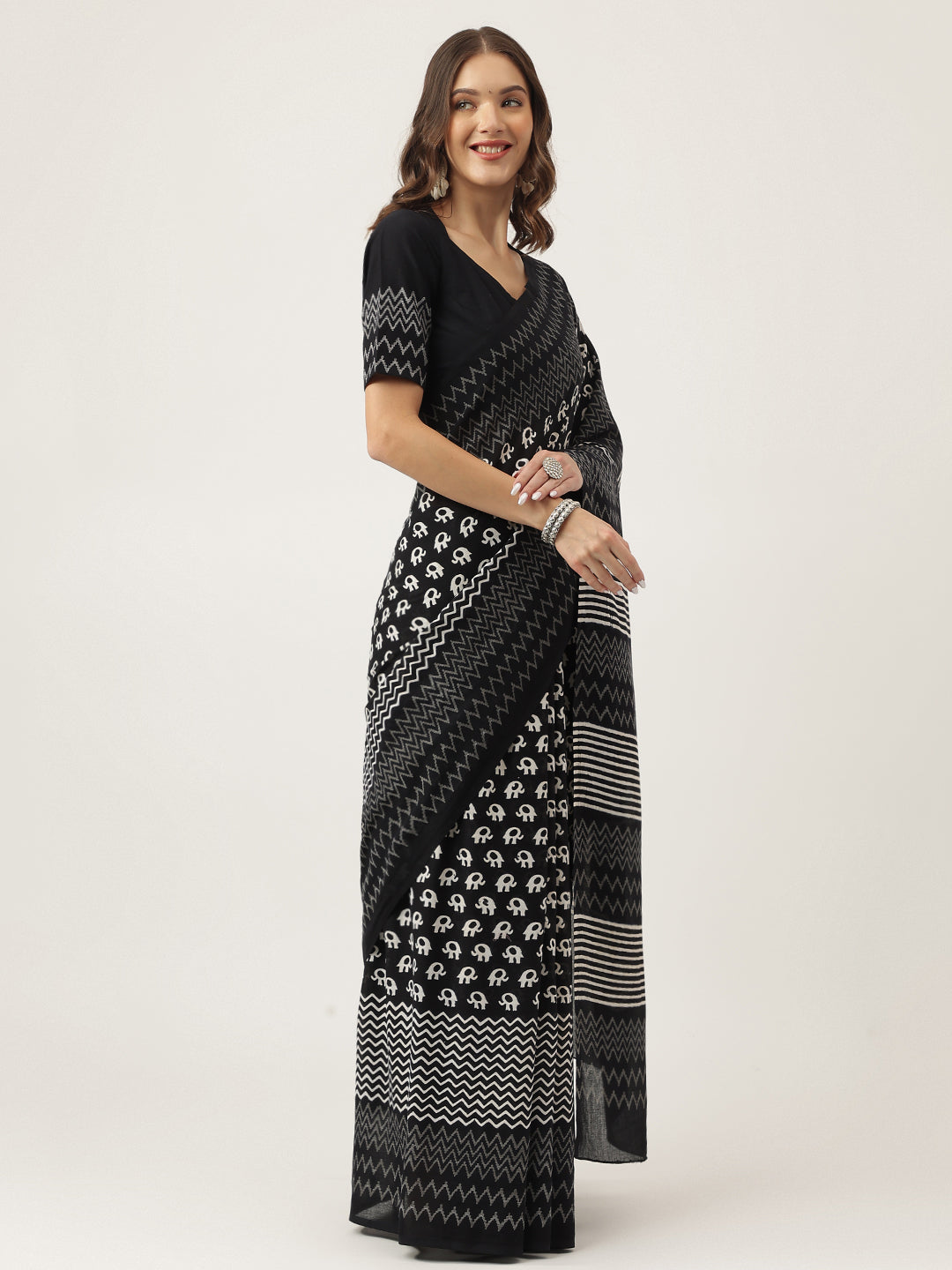 Women's Black Hand Block MulMul Cotton Saree - Taantav