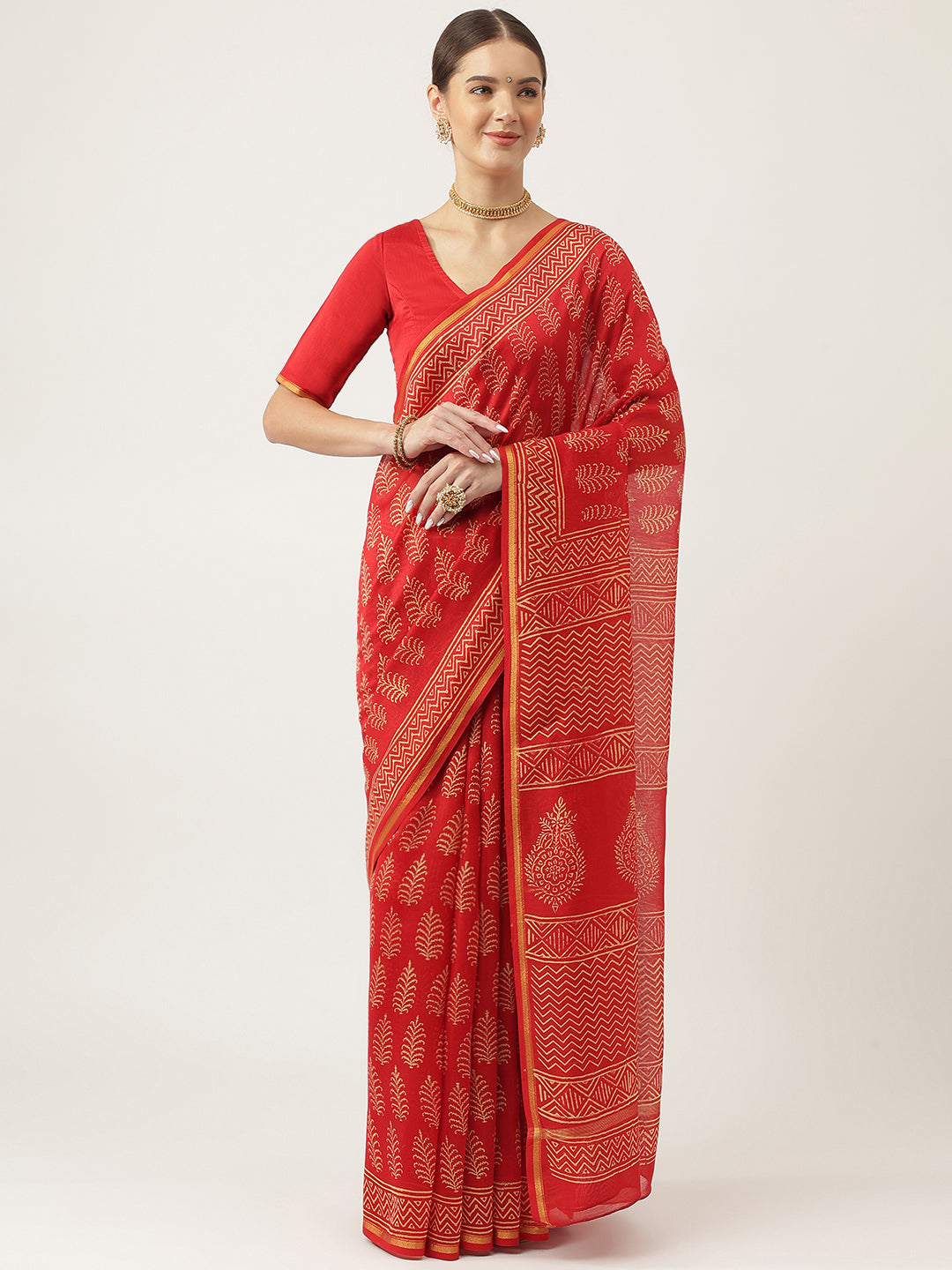 Women's Red Hand Block Chanderi Silk Saree - Taantav