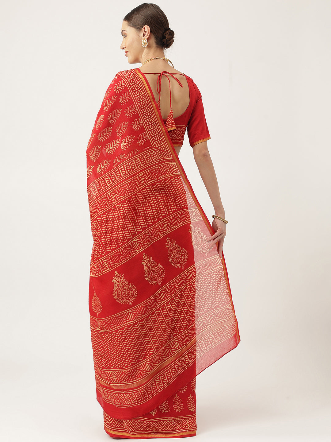 Women's Red Hand Block Chanderi Silk Saree - Taantav