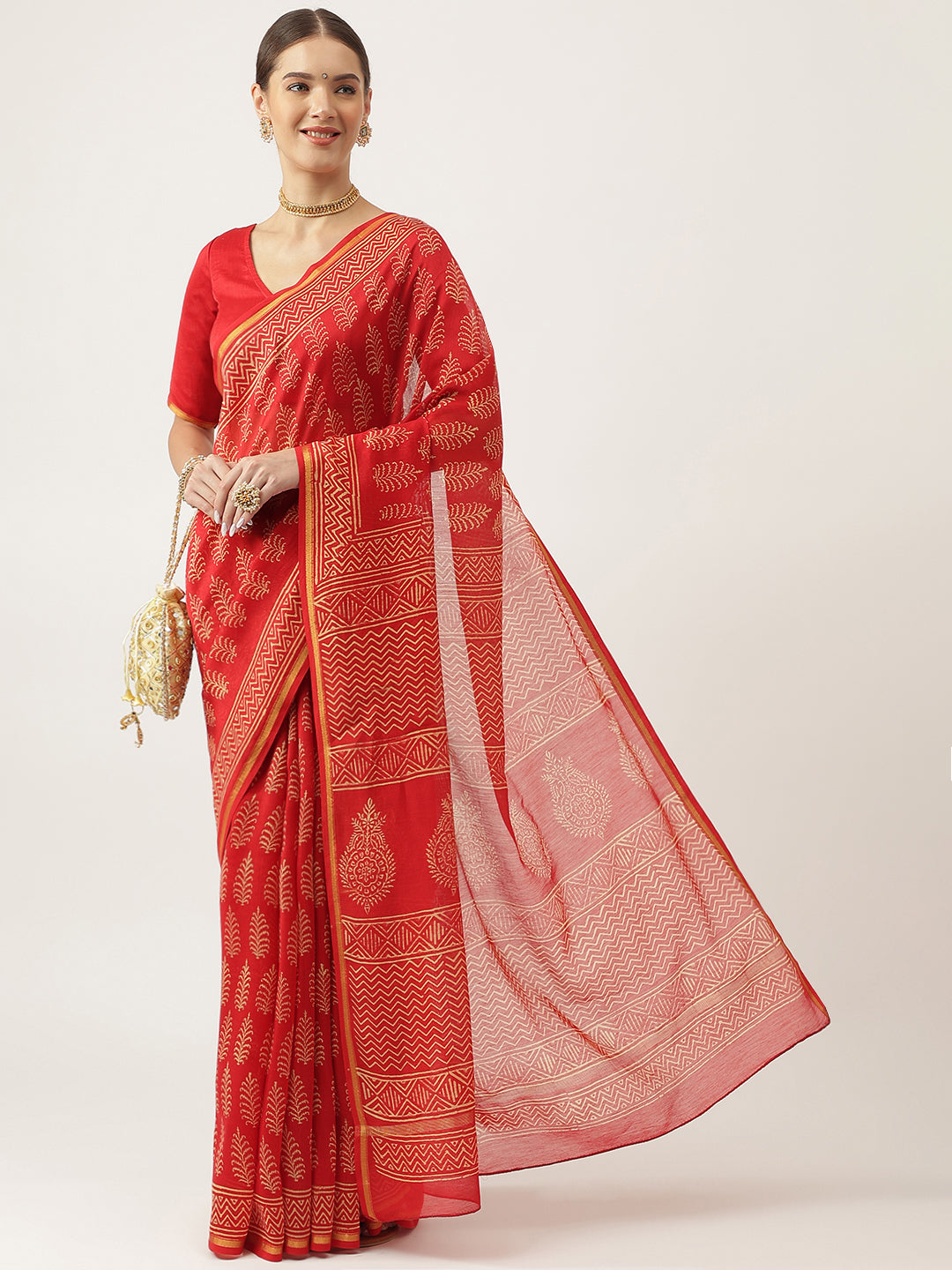 Women's Red Hand Block Chanderi Silk Saree - Taantav