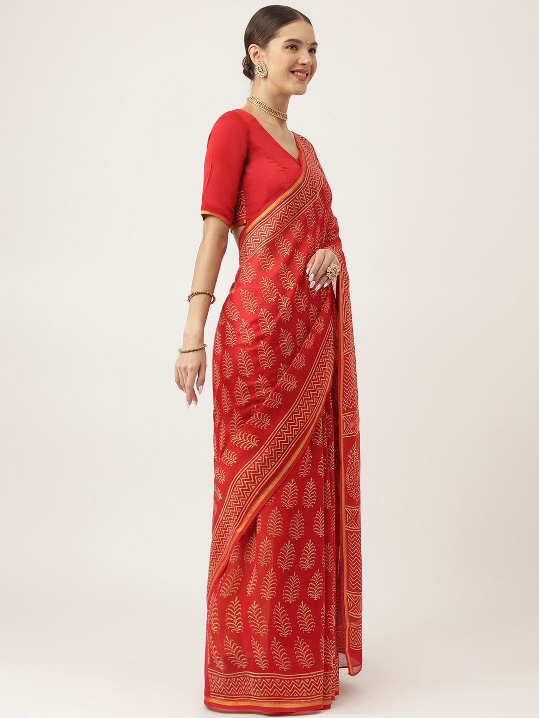 Women's Red Hand Block Chanderi Silk Saree - Taantav