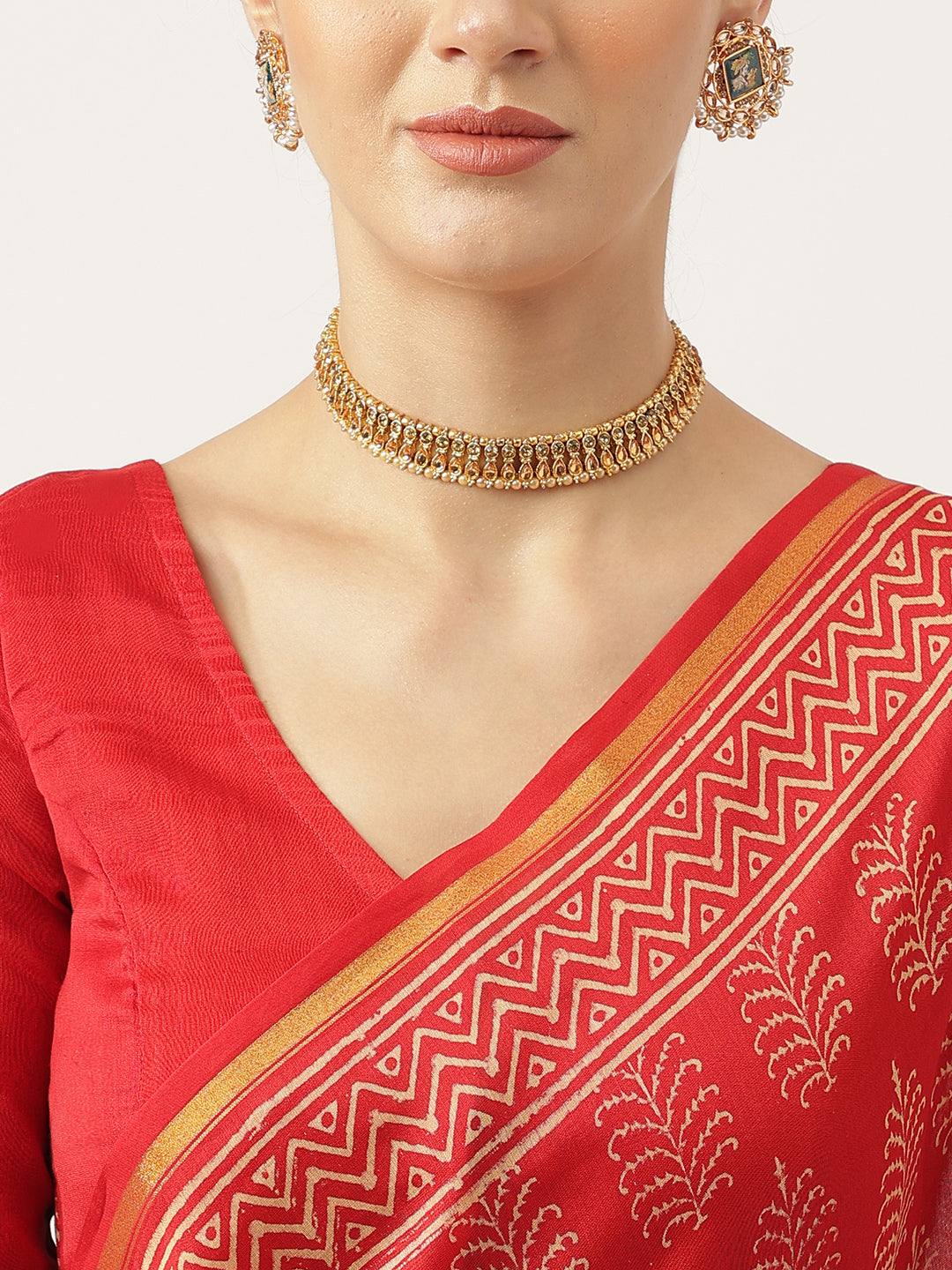 Women's Red Hand Block Chanderi Silk Saree - Taantav