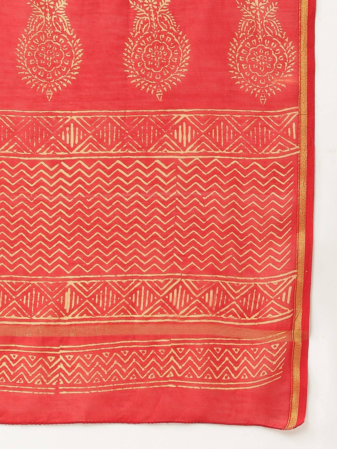 Women's Red Hand Block Chanderi Silk Saree - Taantav