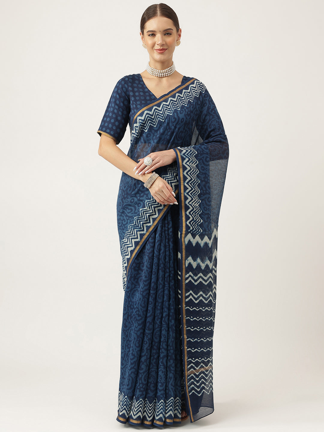 Women's Indigo blue Hand Block Chanderi Silk Saree - Taantav