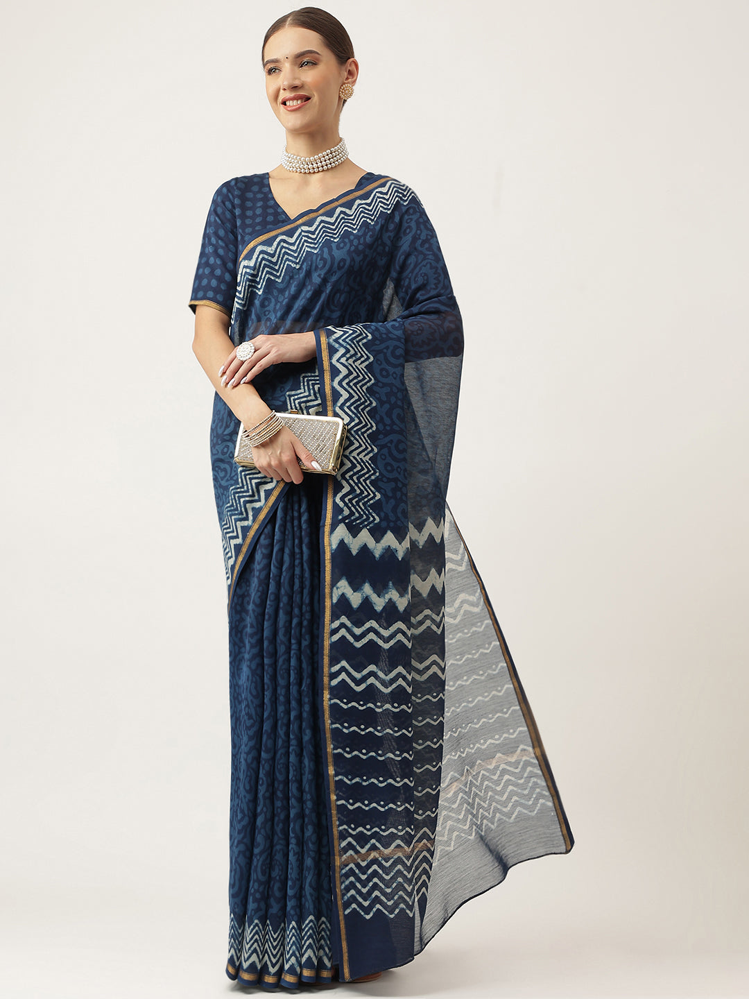 Women's Indigo blue Hand Block Chanderi Silk Saree - Taantav