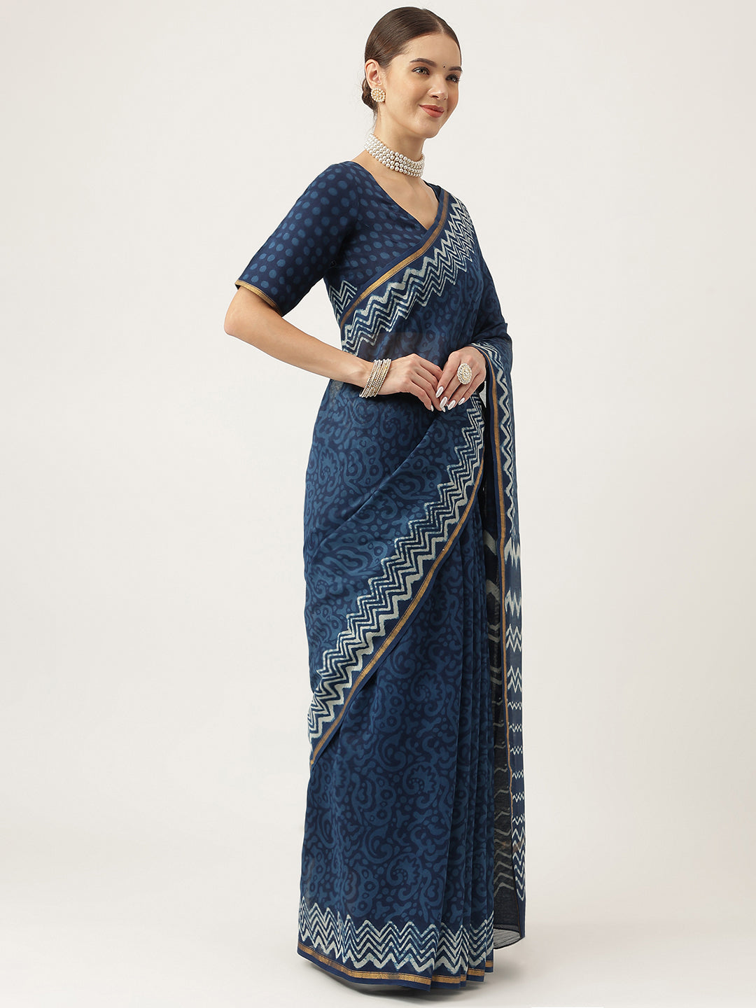 Women's Indigo blue Hand Block Chanderi Silk Saree - Taantav