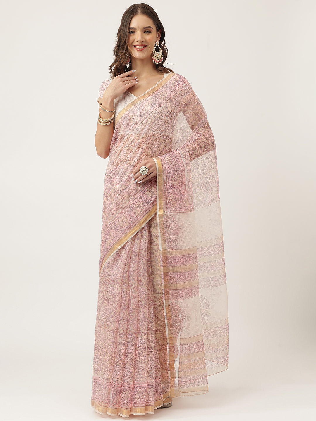 Women's Pink Hand Block Cotton Kota Doria Saree - Taantav