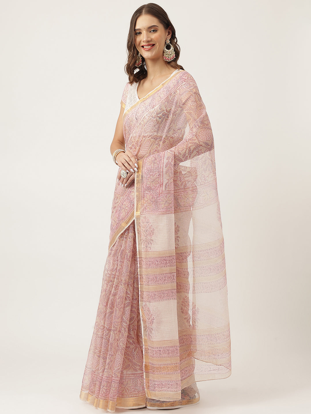 Women's Pink Hand Block Cotton Kota Doria Saree - Taantav