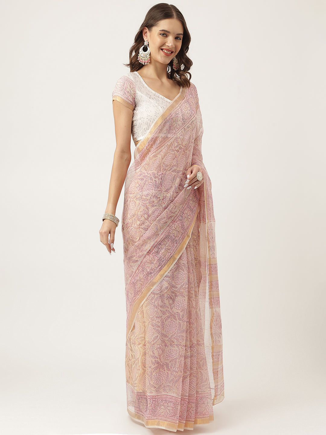 Women's Pink Hand Block Cotton Kota Doria Saree - Taantav