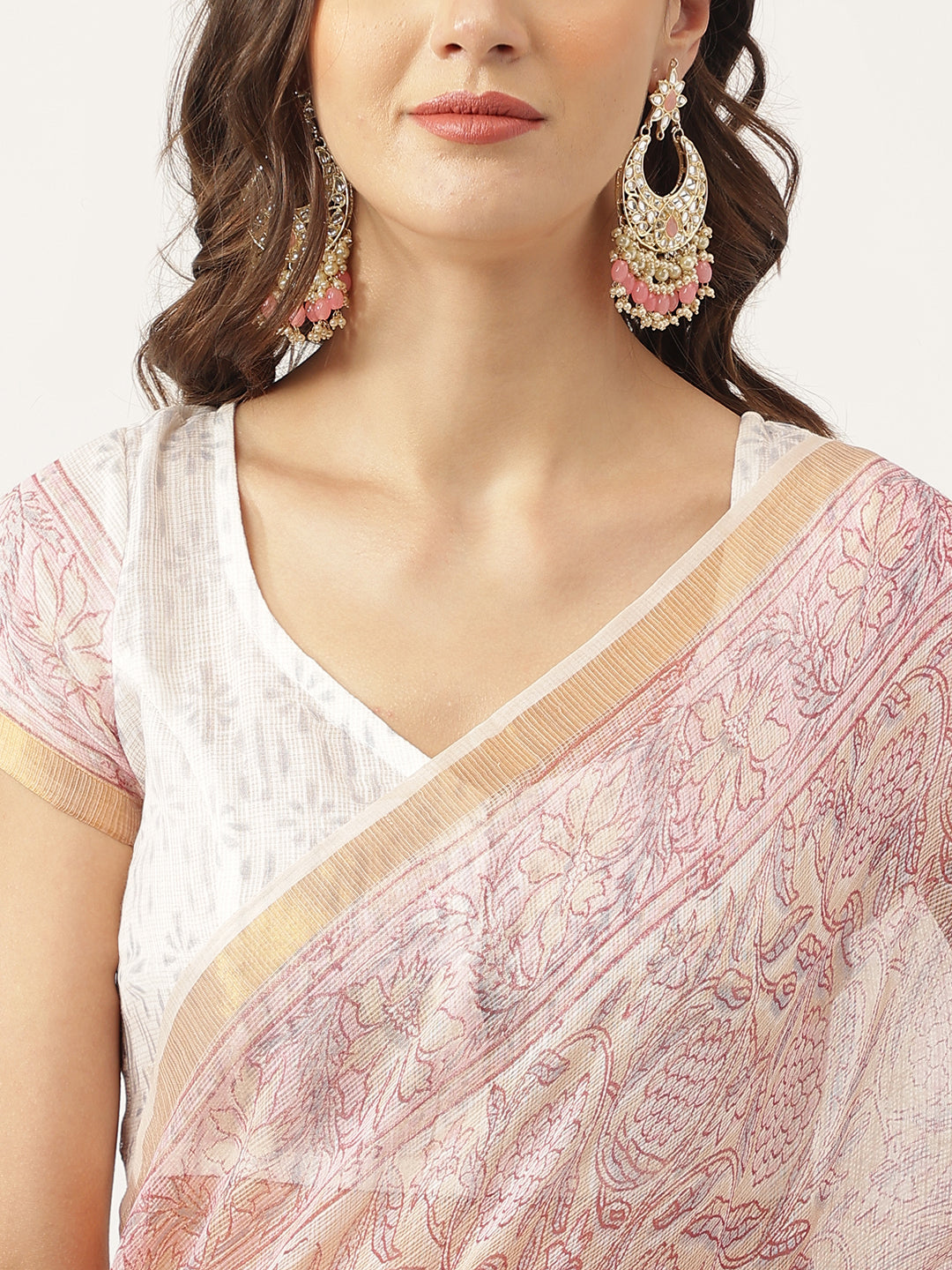 Women's Pink Hand Block Cotton Kota Doria Saree - Taantav