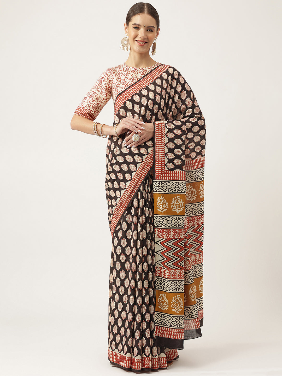 Women's Black & Beige Hand Block MulMul Cotton Saree - Taantav